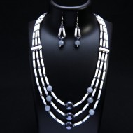 3 Strand White Grey Tribal Necklace and Earrings Set